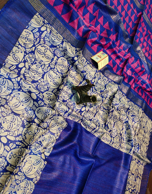 Blue Tussar Ghicha Printed Silk Saree with Zari Border| Peepal Clothing