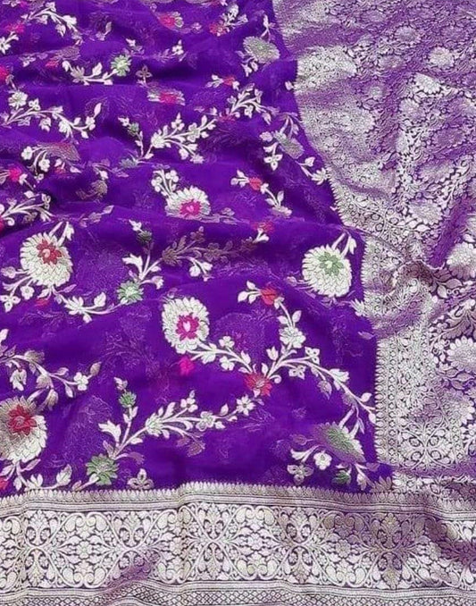 Blue Pure Khaddi Georgette Zari Weaved Meenakari Saree | Peepal Clothing