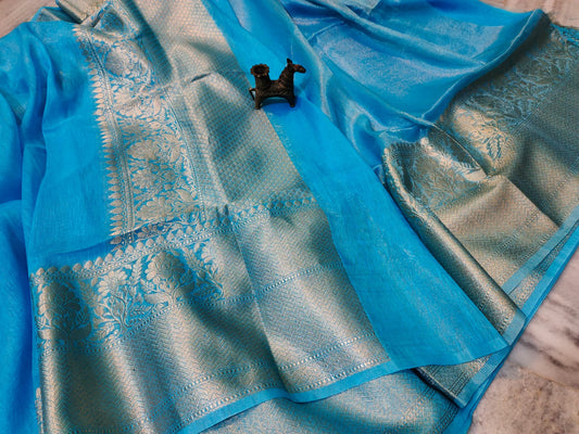 Blue Pure Silk Linen Banarasi Saree | Peapal Clothing