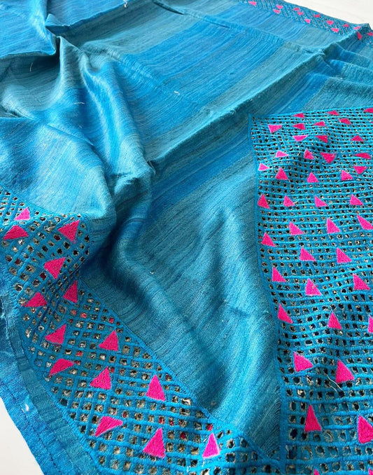 Blue Hand Cutwork Tussar Ghicha Silk Saree | Peepal Clothing