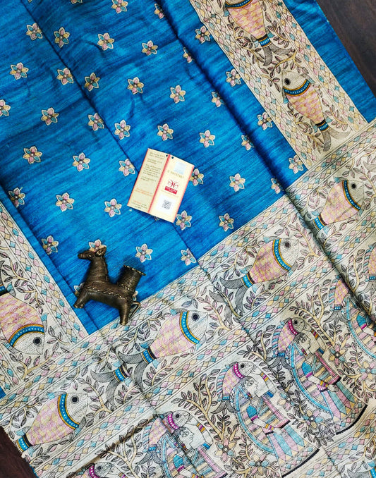 Blue Tussar Ghicha Madhubani Printed Silk Saree| Peepal Clothing