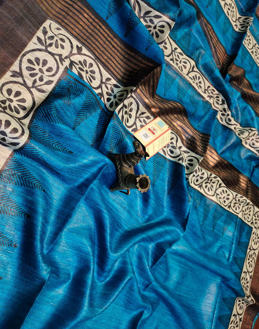 Blue and Yellow Floral Printed Tussar Ghicha Silk Saree with Zari Border| Peepal Clothing