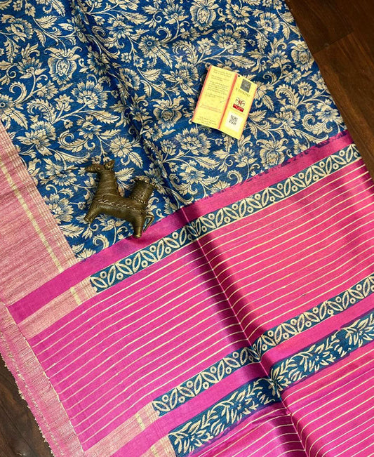 Blue and Pink Floral Printed Tussar Ghicha Silk Saree| Peepal Clothing