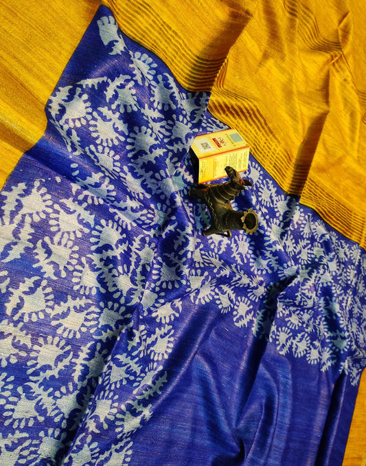 Blue Printed Tussar Ghicha Silk Saree with Zari Border| Peepal Clothing