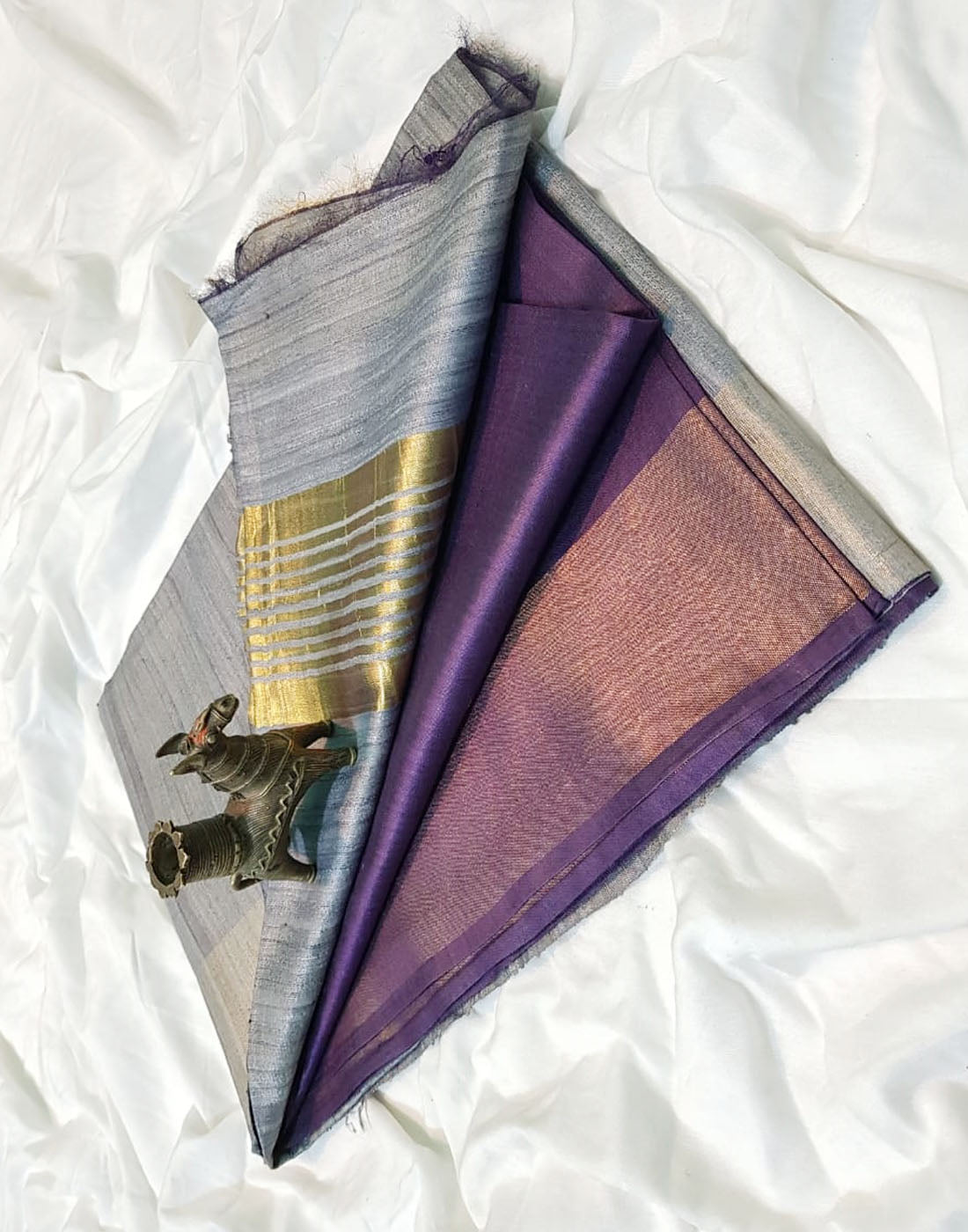 Bluish grey Korean tussar ghicha pallu saree with staple body and Zari ...