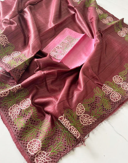 Blush Pink Hand Cutwork Tussar Ghicha Silk Saree | Peepal Clothing