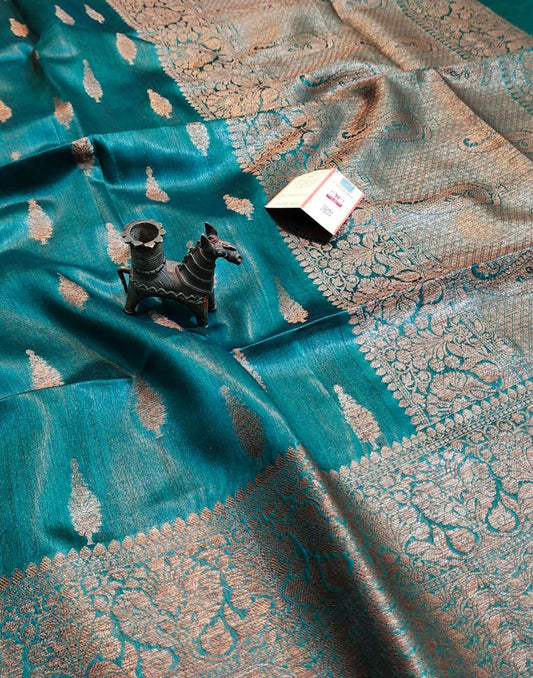 Bottle Green Buta Motif Tussar Munga Silk Saree with Zari Border | Peepal Clothing