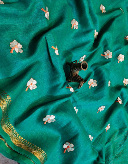 Bottle Green Embroidered Pure Silk Linen Saree | Peepal Clothing