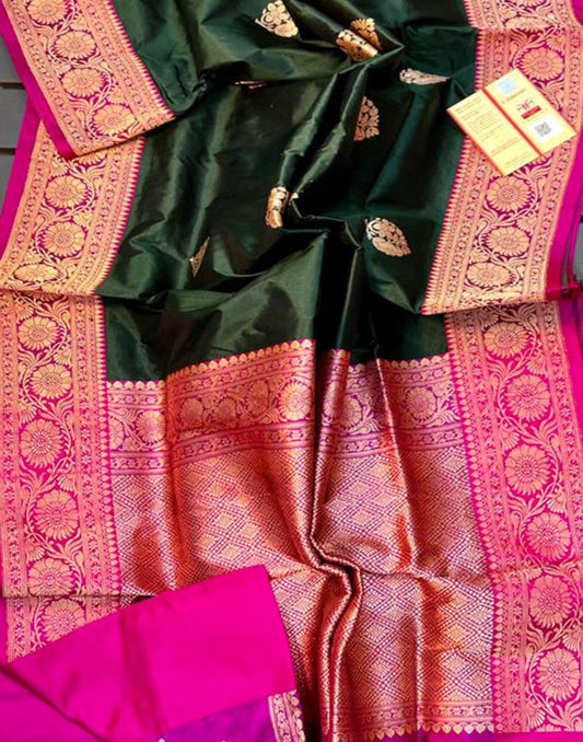 Bottle Green Pure Katan Silk Saree Featuring Weaved Buta | Peepal Clothing
