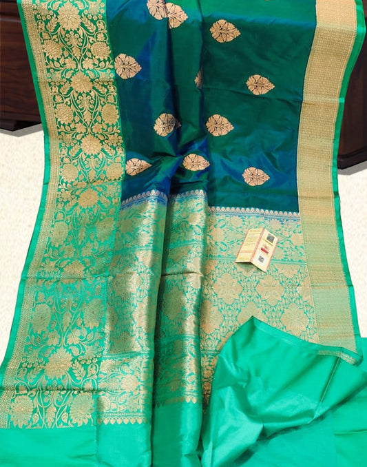 Bottle Green and Firozi Pure Katan Silk Saree | Peepal Clothing