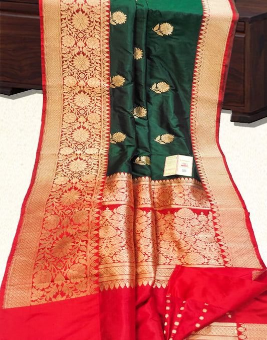 Bottle Green and Red Floral Motif Pure Katan Silk Saree | Peepal Clothing