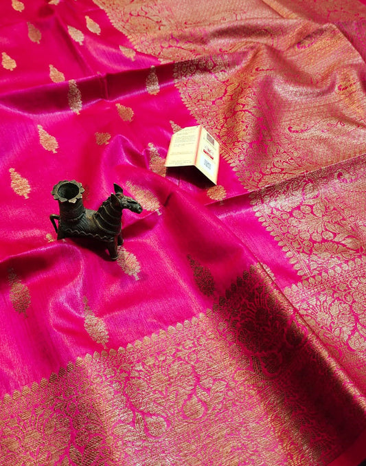 Bright Pink Buta Motif Tussar Munga Silk Saree with Zari Border | Peepal Clothing