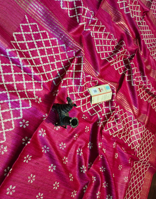 Bright Pink Floral Printed Tussar Ghicha Silk Saree with Zari Border| Peepal Clothing