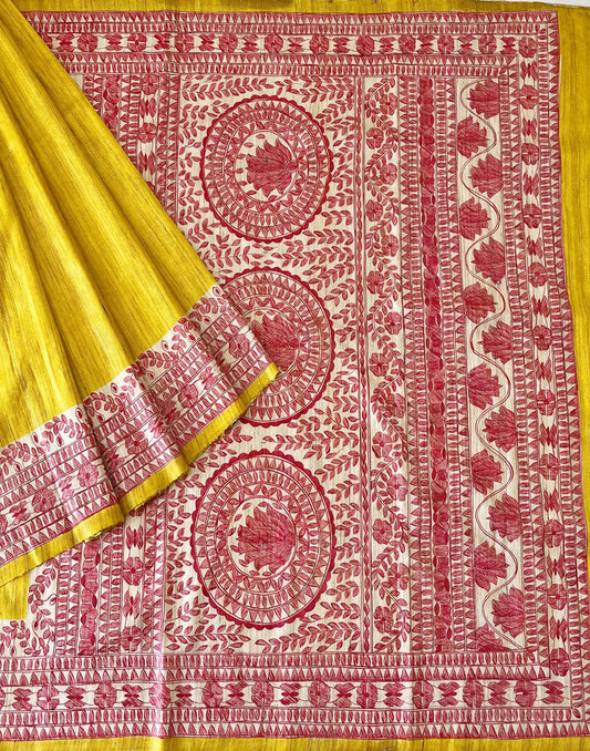 Bright Yellow Madhubani Hand Painted Tussar Ghicha Silk Saree | Peepal Clothing