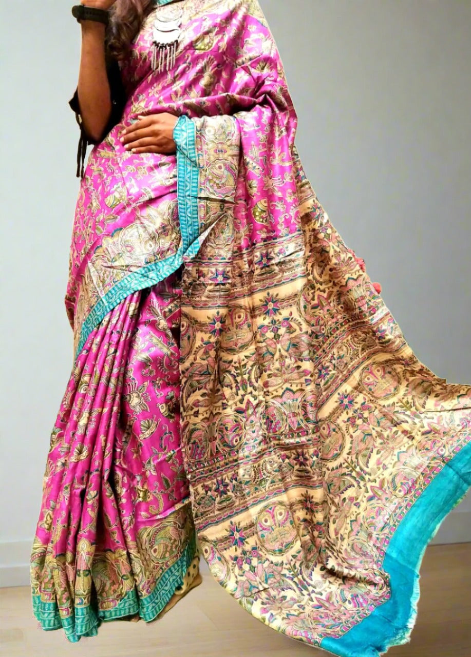 Bright Pink Madhubani Printed Silk Saree | Peepal Clothing 