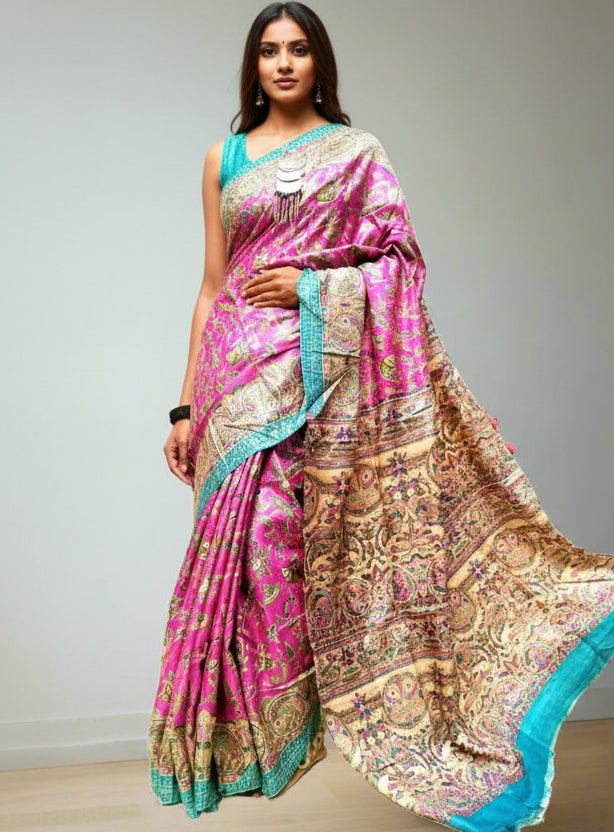 Brown Color Cotton Silk Madhubani Print Saree