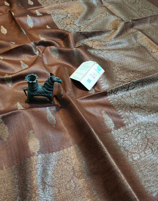 Brown Buta Motif Tussar Munga Silk Saree with Zari Border | Peepal Clothing