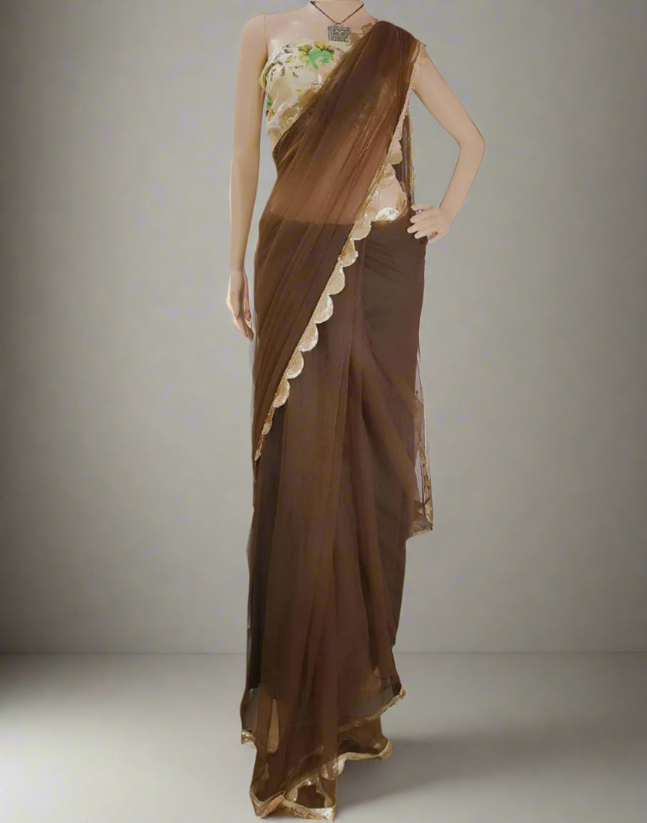 Brown Lace Border Net Saree  | Peepal Clothing