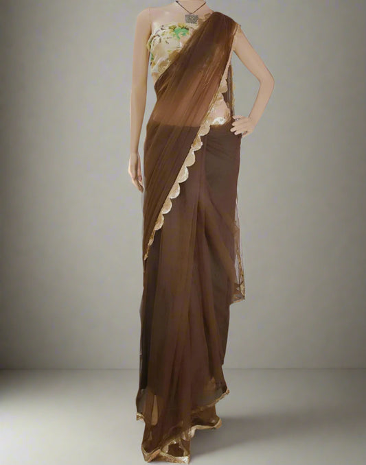 Brown Lace Border Net Saree  | Peepal Clothing