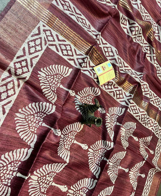 Brown Printed Tussar Ghicha Silk Saree with Zari Border | Peepal Clothing