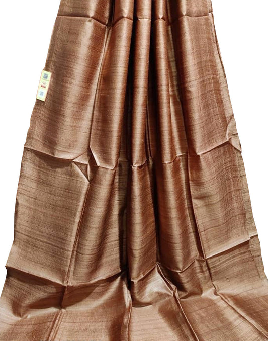 Brown Pure Desi Tussar Plain Silk Saree| Peepal Clothing