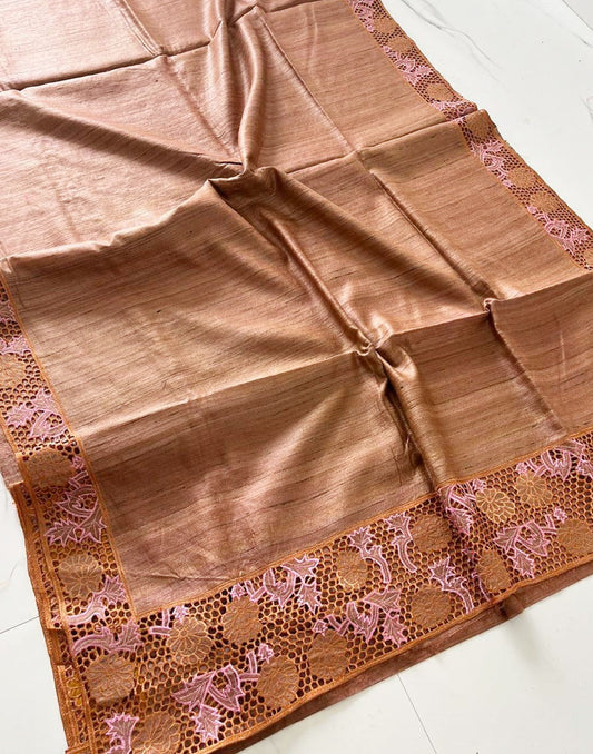 Brown Hand Cutwork Tussar Ghicha Silk Saree | Peepal Clothing