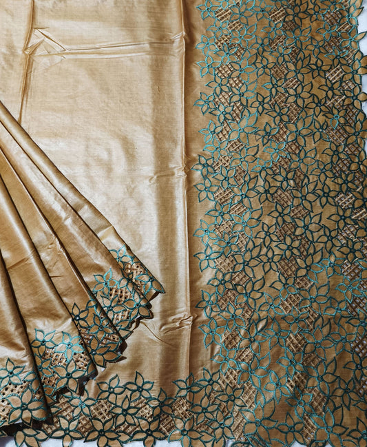 Brown Hand Cutwork Tussar Silk Saree | Peepal Clothing