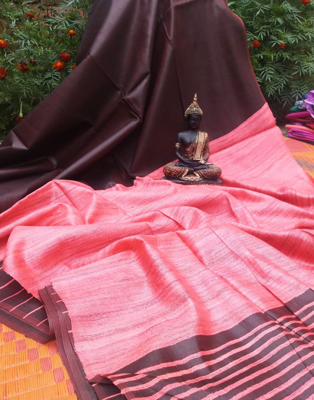 Brown and Pink Korean tussar ghicha pallu saree with staple body| Peepal Clothing