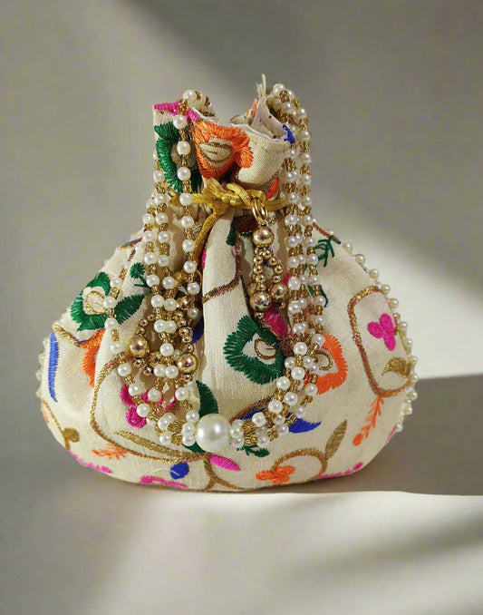 Cream Floral Motif Potli | Peepal Clothing