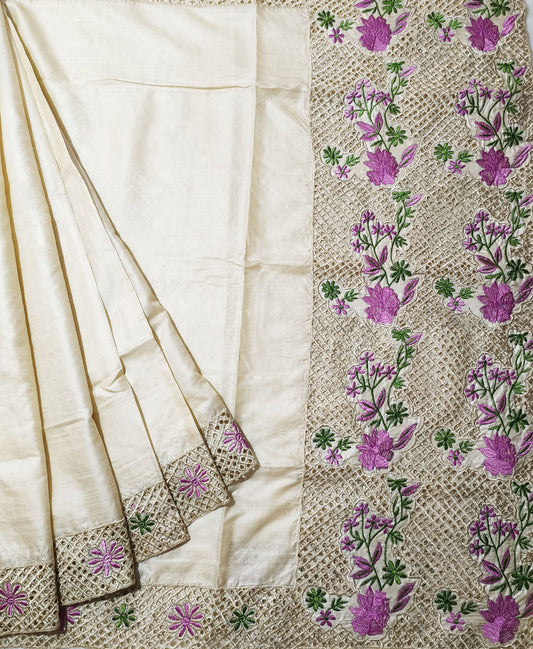 Cream Hand Cutwork Tussar Silk Saree | Peepal Clothing