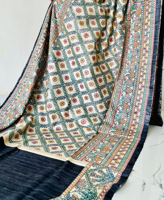 Dark Blue Half & Half Madhubani Hand Painted Tussar Ghicha Silk Saree | Peepal Clothing