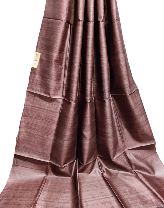 Dark Brown Pure Desi Tussar Plain Silk Saree| Peepal Clothing
