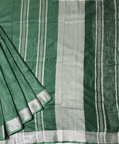 Dark Green Pure Linen Saree | Peepal Clothing