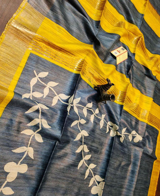 Dark Grey and Mustard Floral Printed Tussar Ghicha Silk Saree with Zari Border | Peepal Clothing