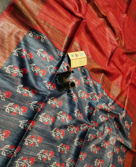 Dark Grey and Red Floral Printed Tussar Ghicha Silk Saree with Zari Border | Peepal Clothing