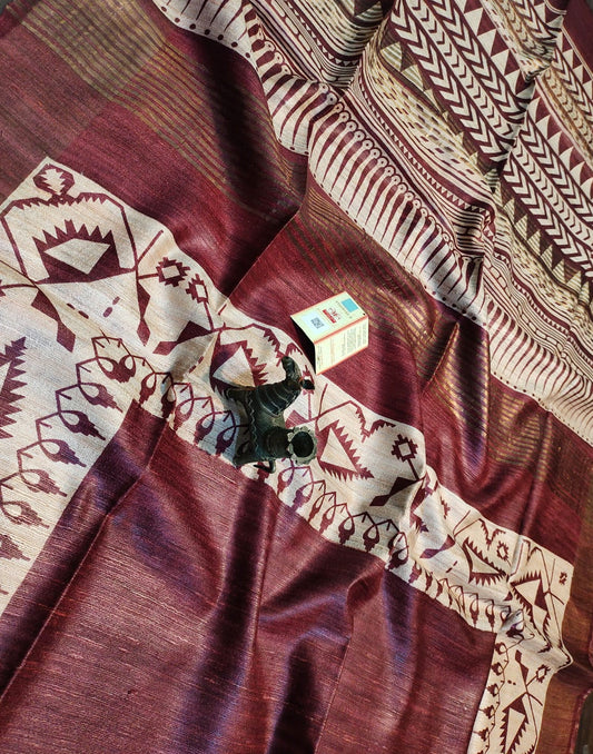 Dark Maroon Printed Tussar Ghicha Silk Saree with Zari Border| Peepal Clothing