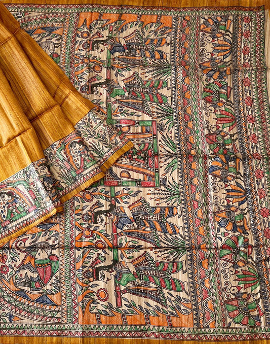 Dark Mustard Madhubani Hand Painted Tussar Ghicha Silk Saree | Peepal Clothing