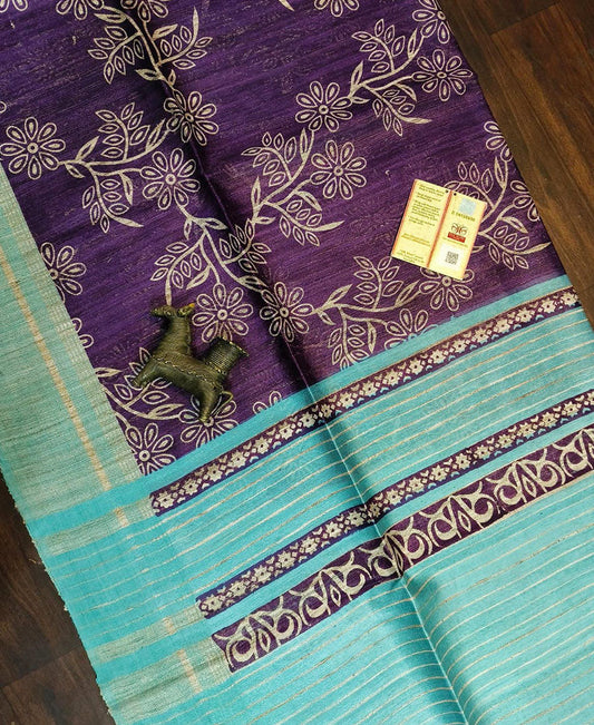 Dark Purple Floral Printed Tussar Ghicha Silk Saree| Peepal Clothing
