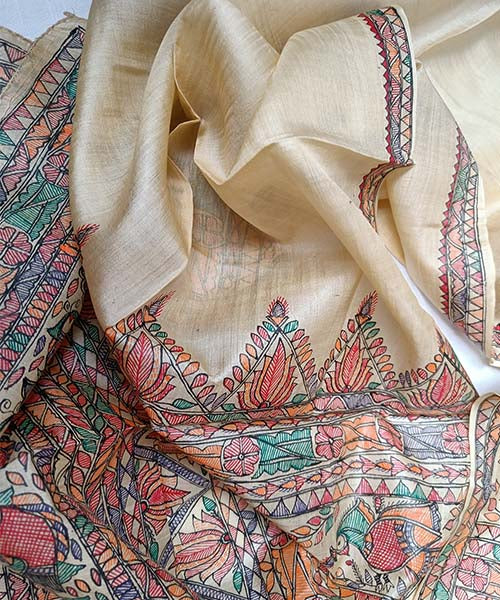 Madhubani Painted Silk Stole | Peepal Clothing