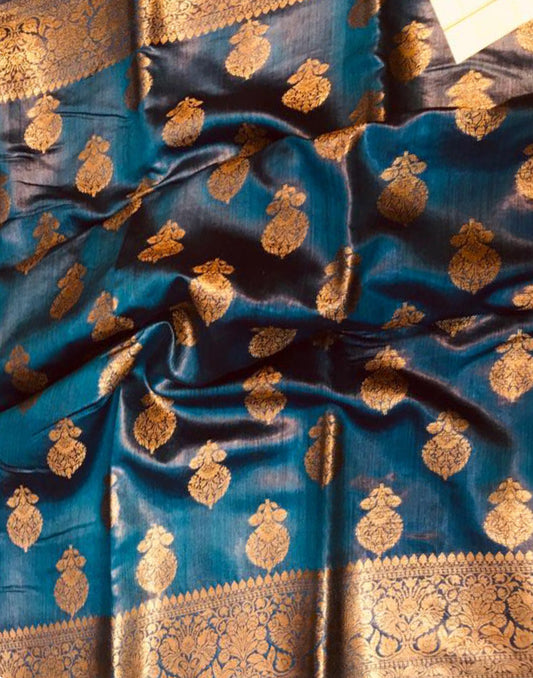 Embroidered Blue Pure Munga Silk Saree | Peepal Clothing
