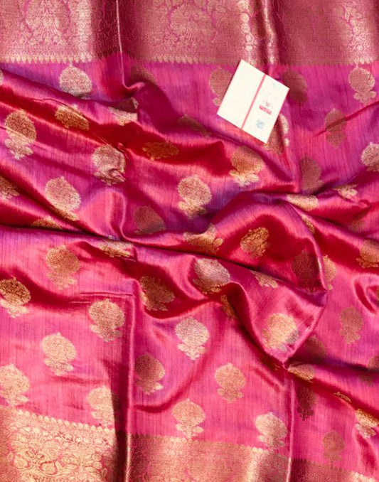 Embroidered Bright Pink Munga Silk Saree | Peepal Clothing