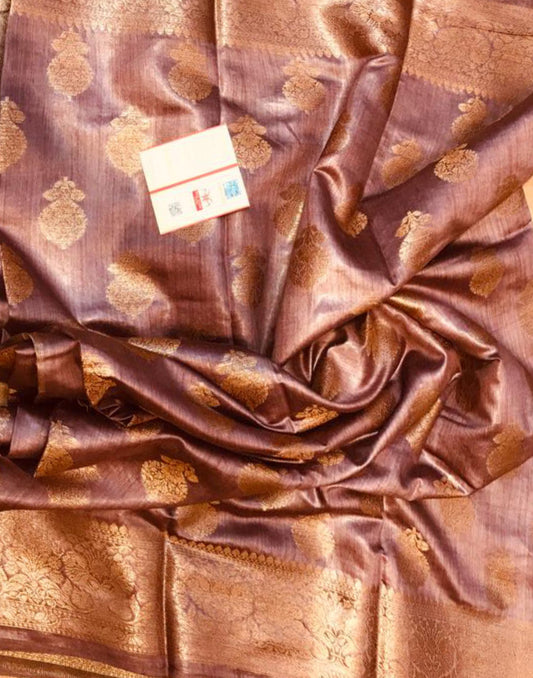 Embroidered Brown Pure Munga Silk Saree | Peepal Clothing