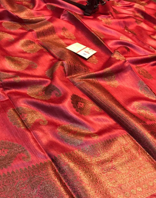 Embroidered Cherry Red Munga Silk Saree with Floral Motifs | Peepal Clothing