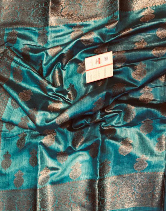 Embroidered Firozi Pure Munga Silk Saree | Peepal Clothing