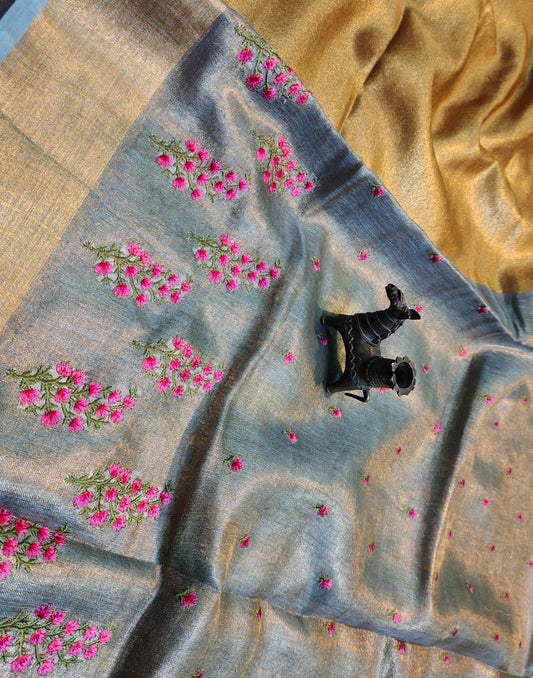 Embroidered Grey tissue linen saree | Peepal Clothing