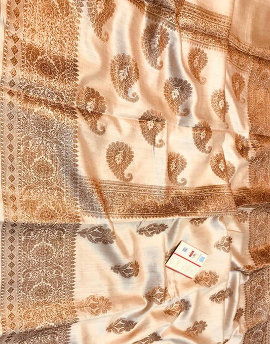 Embroidered Natural Color Munga Silk Saree with Floral Motifs | Peepal Clothing