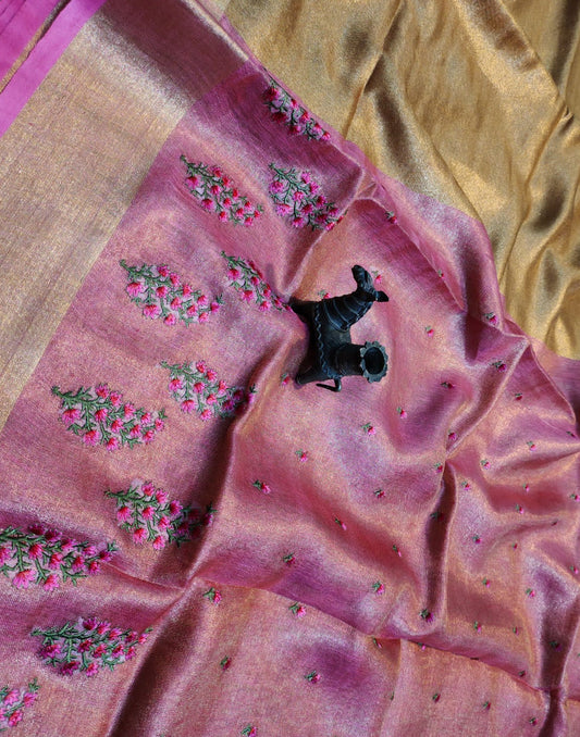 Embroidered Pink Tissue Linen Saree | Peepal Clothing