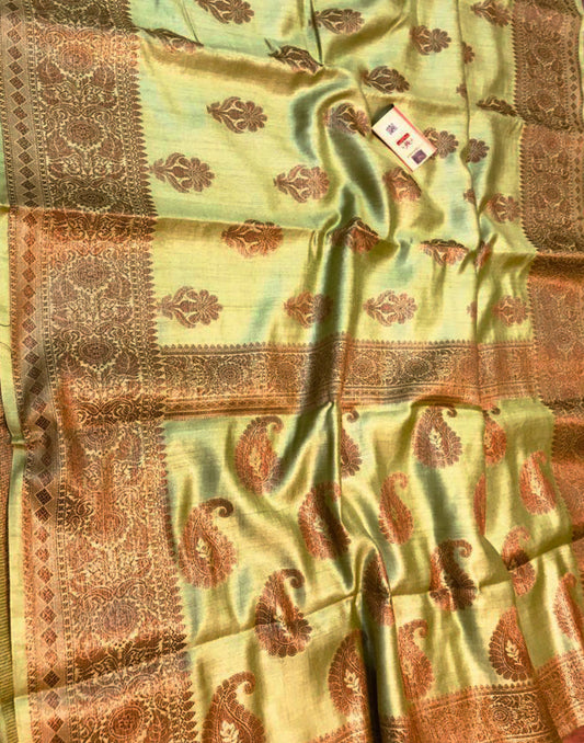 Embroidered Pista Green Munga Silk Saree with Floral Motifs | Peepal Clothing