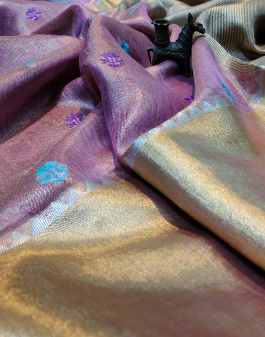 Embroidered Purple Tissue Linen Saree | Peepal Clothing
