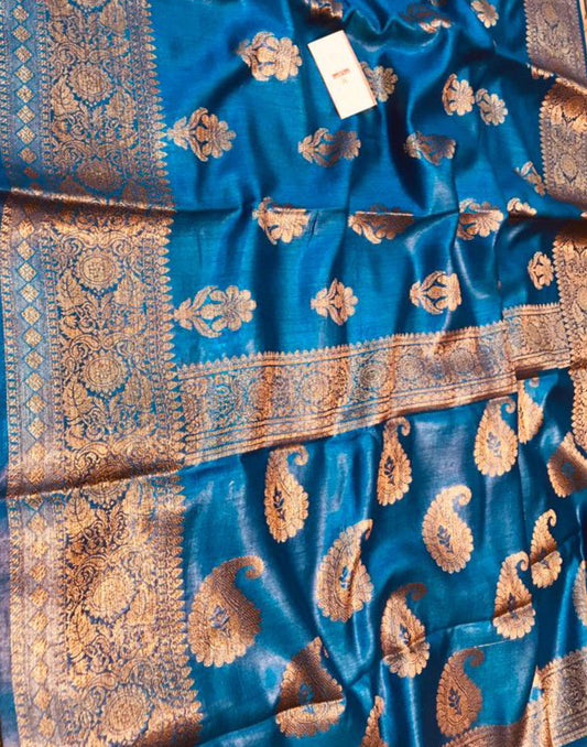 Embroidered Royal Blue Munga Silk Saree with Floral Motifs | Peepal Clothing